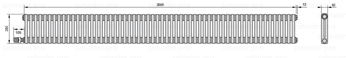 Схема (чертеж) Радиатор Zehnder Charleston 2026/58 №V004 Белый глянцевый RAL 9016
